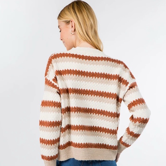 Dreamers Sweaters - Dreamers Rebecca Striped Sweater Crewneck Tan Cream Orange Size S/M